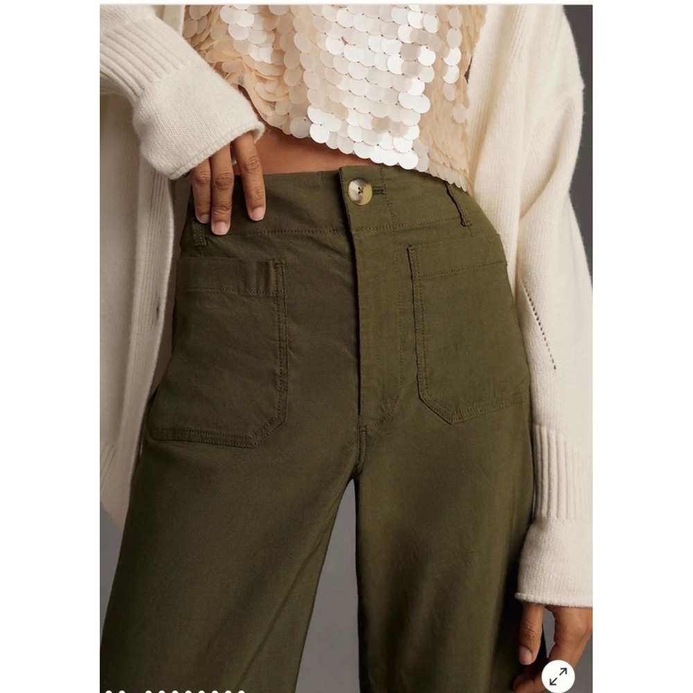 Anthropologie Maeve Colette Cropped Wide Leg Pants Moss Green High Rise Utility - Picture 4 of 7